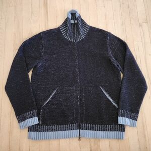EUC O'Neill Mens Wool Navy and Light Blue Zip-Up Knit Sweater Cardigan Size L